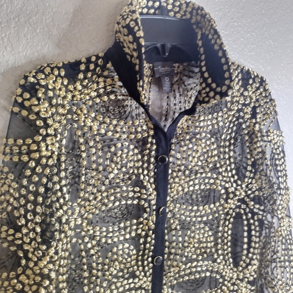 Chico's Travelers Collection Needle Stitch Mesh Gold Button Down Jacket Sz O/S/4 - Picture 4 of 10